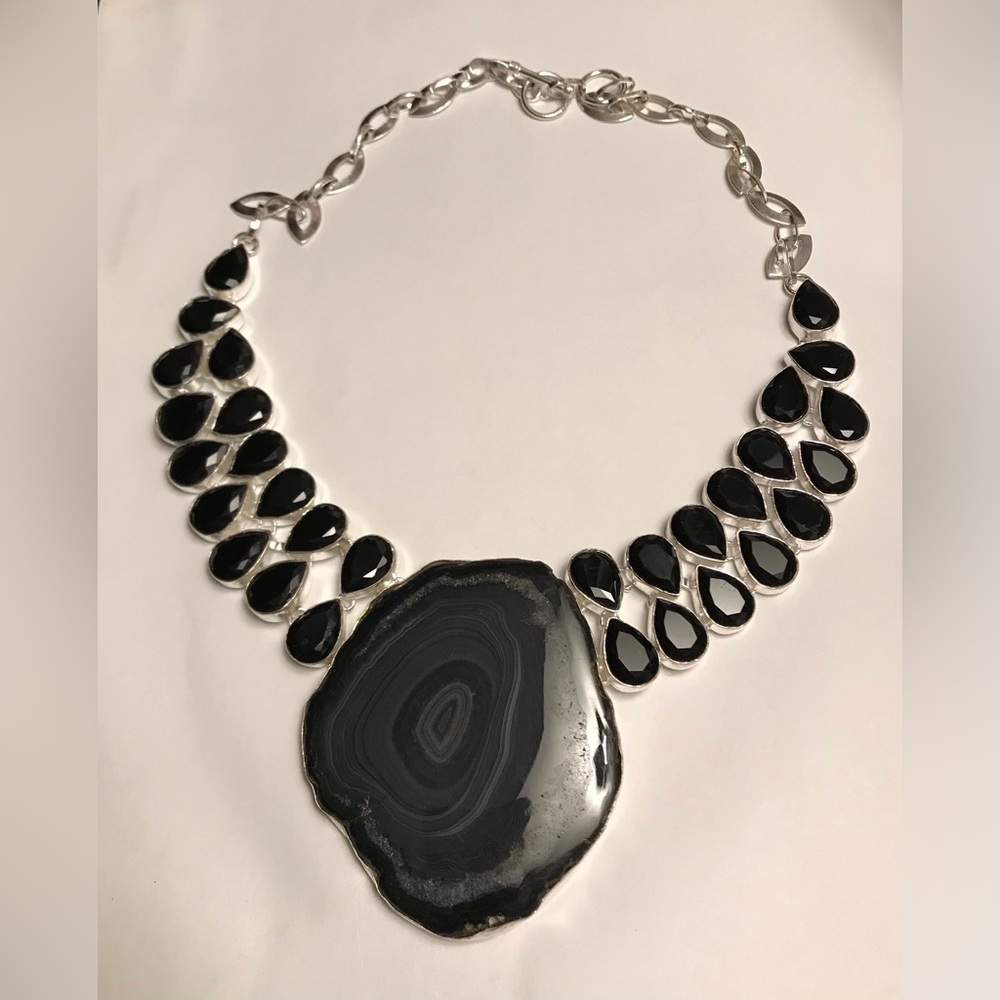 Botswana Agate Black Onyx Stamped 925 Sterling Silver Necklace